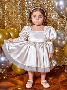 SHEIN Baby Girl Gigot Sleeve Contrast Mesh Party Dress - Apricot - View 4