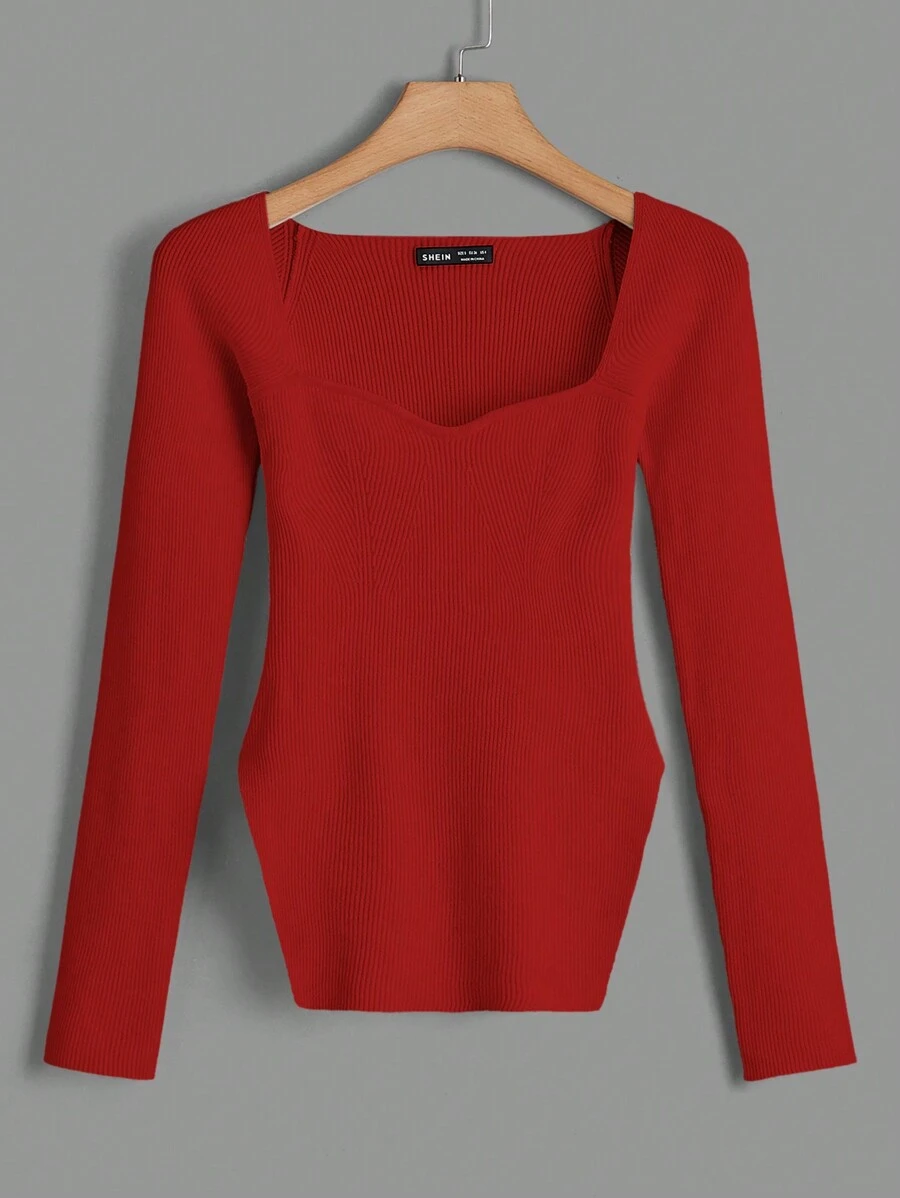 RueChic Solid Color Sweater With Sweetheart Neckline, Ribbed Trim And Dropped Shoulder Design - Red - View 1
