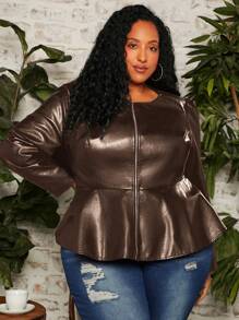 SHEIN CURVE+ Plus Zip Up Peplum PU Leather Jacket - Brown - View 1