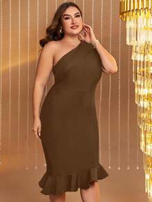 Hơn Một bờ vai Xù Hoa Sen Váy bodycon - màu nâu - Xem 7