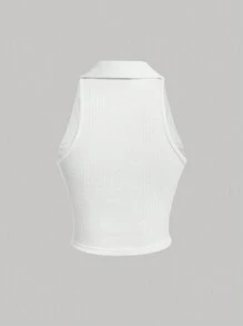 SHEIN MOD Solid Ribbed Knit Polo Collar White Tank Top - White - View 2