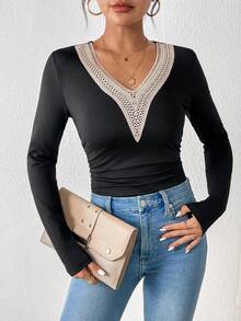 SHEIN Frenchy 拼接水溶蕾絲T恤 - 黑色 - 查看 4