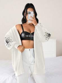 Flirla Plus Spider Web Pattern Drop Shoulder Duster Cardigan - Apricot - View 3