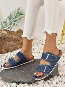 女士搭扣裝飾牛仔涼鞋,時尚露趾平底涼鞋 - 藍色 - 查看 4