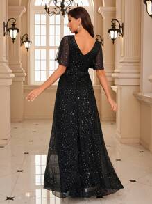 UNITHORSE Flounce Sleeve Glitter Prom Dress Black Elegant Formal Evening Wedding Guest Gown, For Graduation, Dinner Party Dress Spring - Black - View 5
