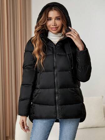 Zip Up Drawstring Hooded Padded Coat