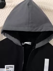 SHEIN Chàng trai trẻ Chi tiết Patched thư Khối màu Lót Teddy Áo trùm đầu - Xám - Xem 3