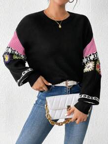 SHEIN LUNE 花卉圖案和幾何圖案落肩袖套頭毛衣 - 黑色 - 查看 1