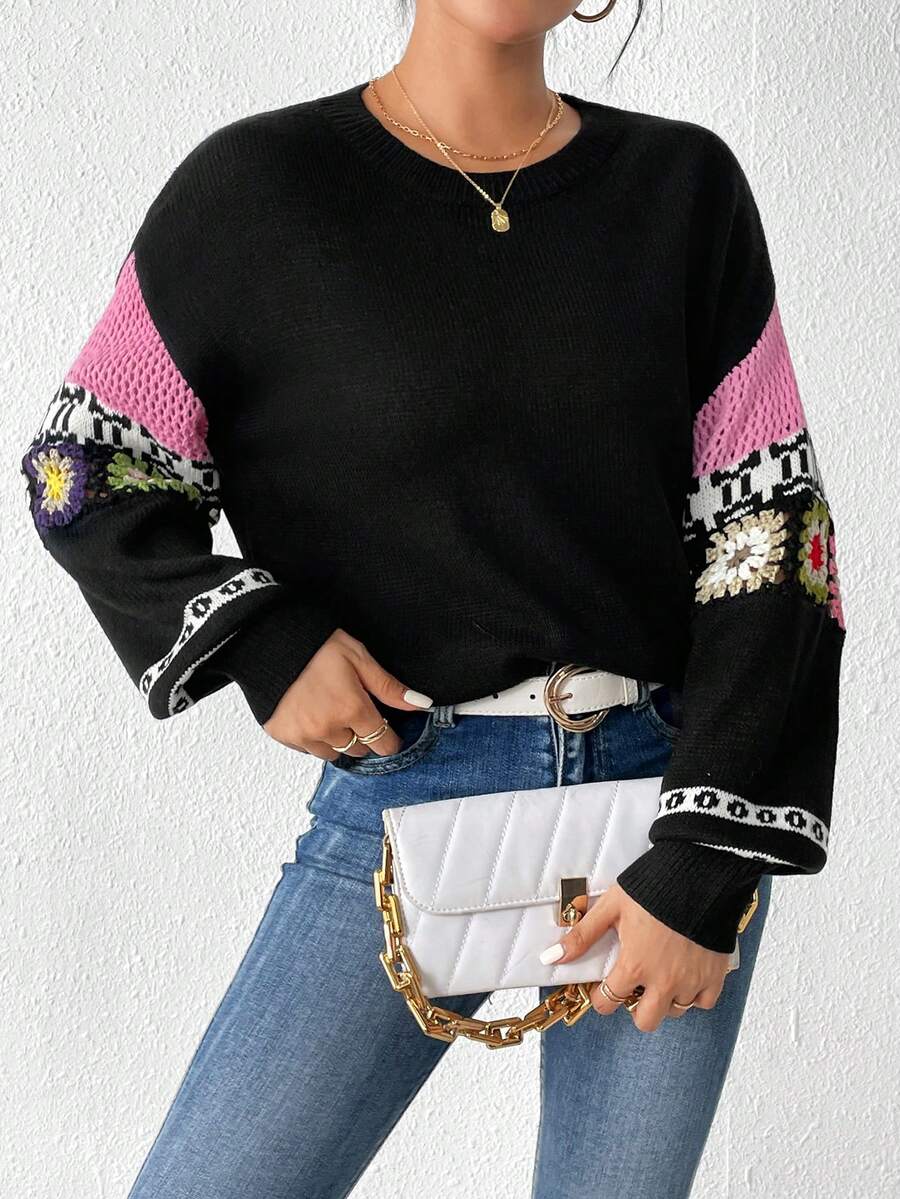 SHEIN LUNE 花卉圖案和幾何圖案落肩袖套頭毛衣 - 黑色 - 查看 1