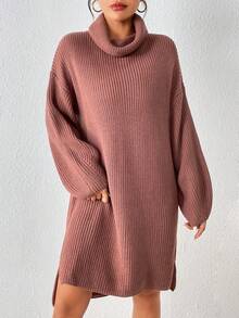 SHEIN Essnce Áo cao cổ Thả vai Viền chia cắt Đầm Áo len Không có thắt lưng - Cà phê nâu - Xem 6