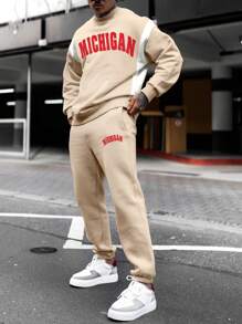 Aesthetic Post 美学邮报——男士字母印花保暖卫衣两件套 - 杏色 - 查看 1