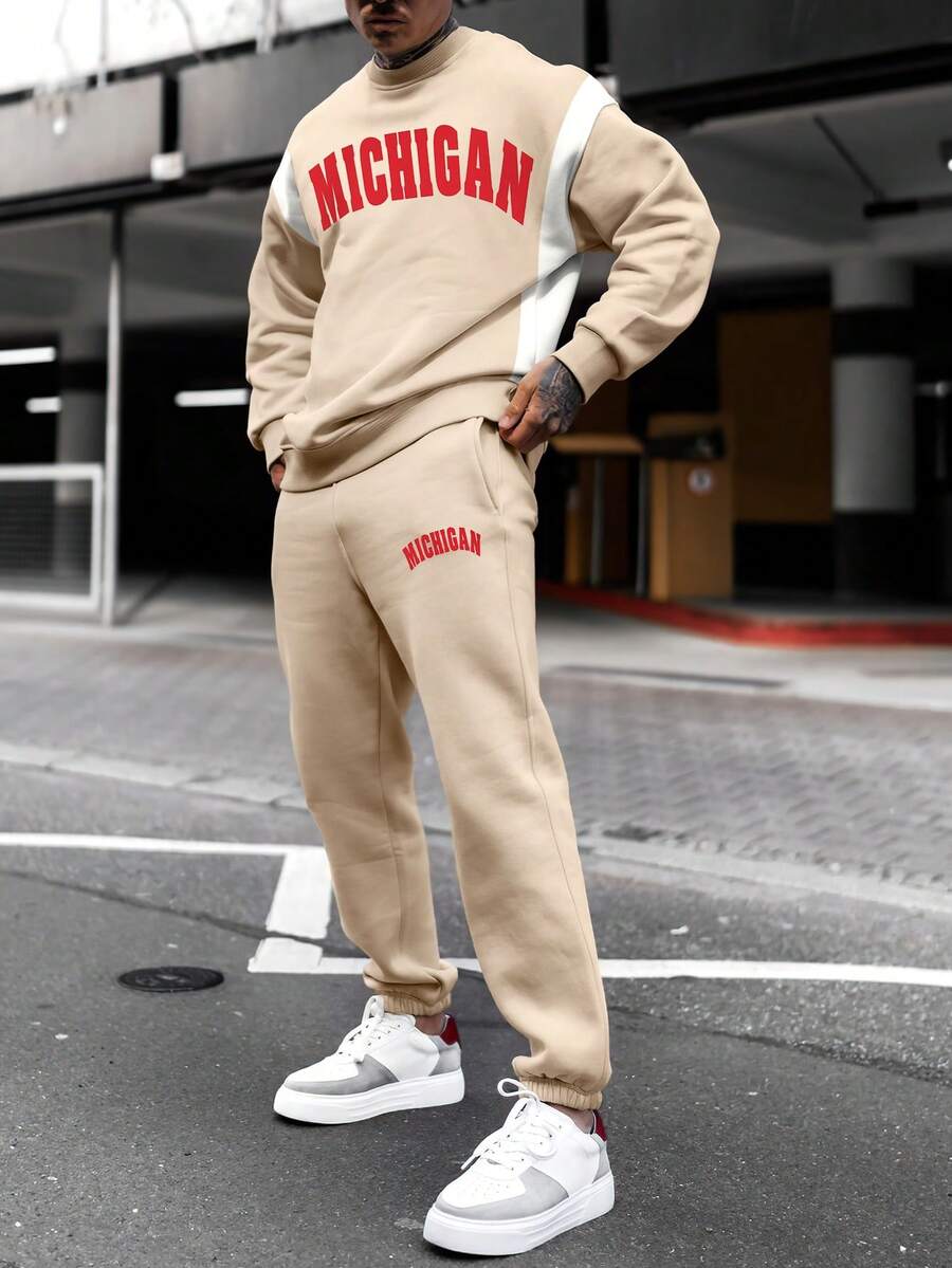 Aesthetic Post 美学邮报——男士字母印花保暖卫衣两件套 - 杏色 - 查看 1