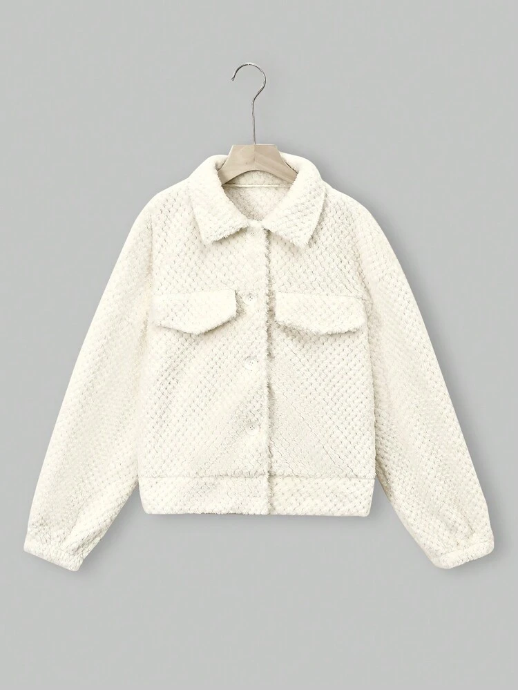 Flap Detail Drop Shoulder Flannel Jacket Fall Cloth For Women