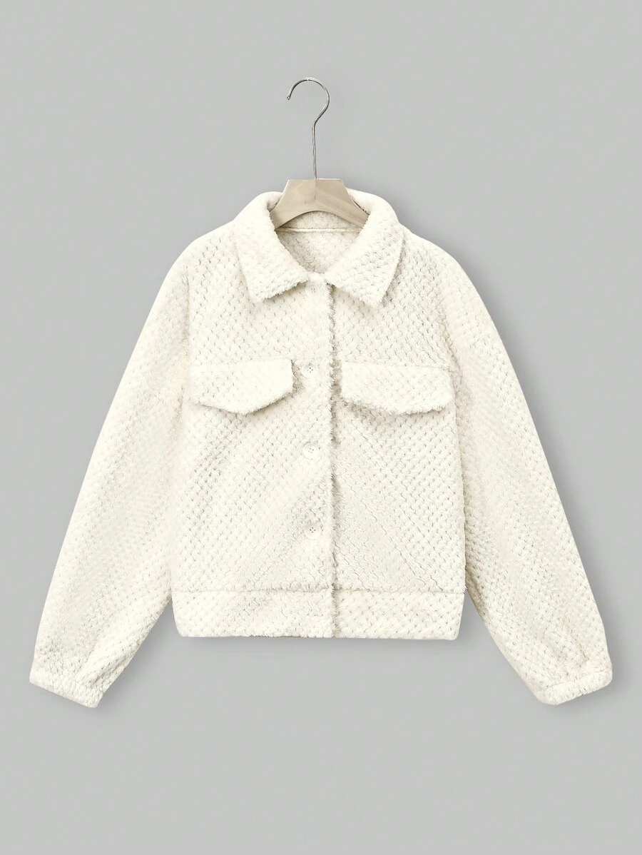 SHEIN Unity 翻蓋細節落肩袖法蘭絨夾克 - 杏色 - 查看 1