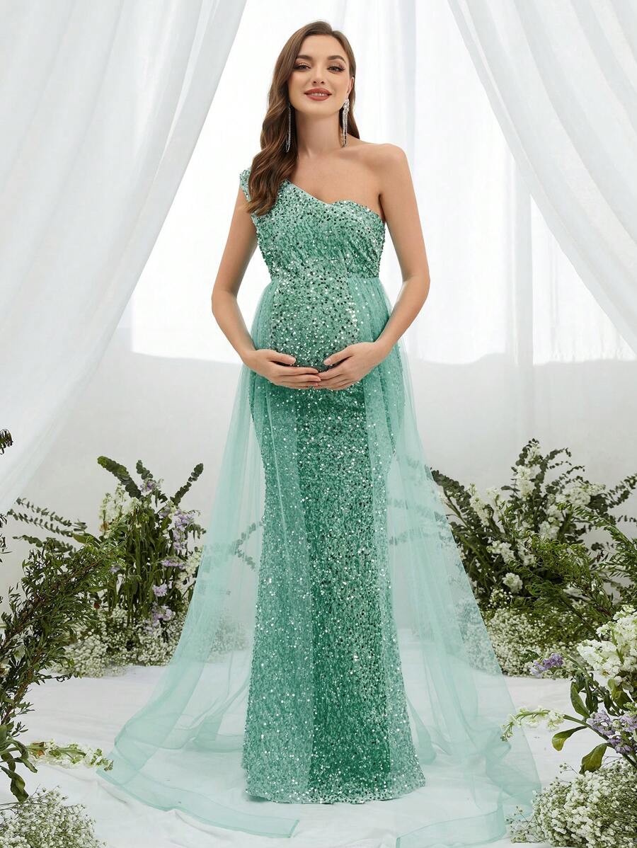 Maternity One Shoulder Sequin Mesh Formal Elegant Dress, For Party - Mint Green - View 1