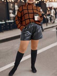 SHEIN LUNE Plus Plaid Pattern Turtleneck Drop Shoulder Sweater Knit Pullover Fall Winter Autumn Sweater - Coffee Brown - View 3