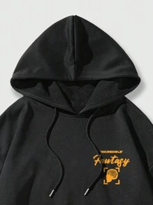 ROMWE MEN Street Life Các bạn Đồ họa chữ và số Thả vai Dây rút Hoodie - màu đen - Xem 4