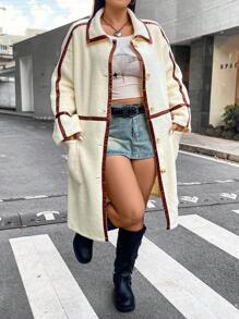 Flirla Plus Contrast Binding Dual Pocket Coat - Apricot - View 2