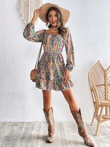 SHEIN VCAY Paisley Print Lantern Sleeve Dress - Multicolor - View 4