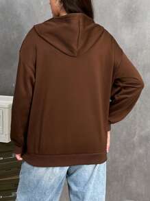 SHEIN EZwear 加大码水钻骷髅图案落肩抽绳卫衣 - 摩卡棕 - 查看 2