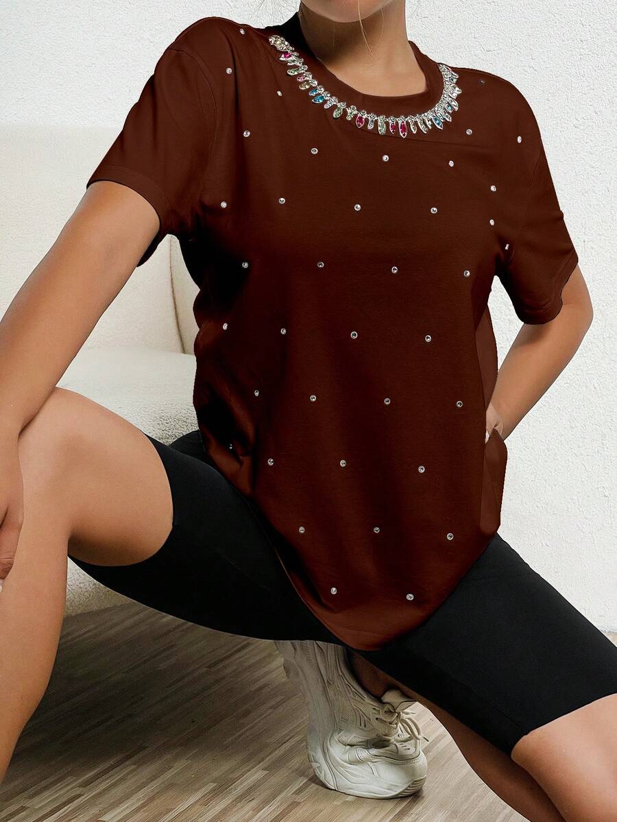 SHEIN Frenchy 水鑽細節落肩T恤 - 咖啡棕 - 查看 1