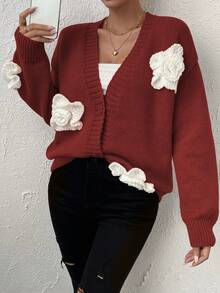 SHEIN Unity Hoa âm thanh nổi Thả vai Nút phía trước Áo len Mở - Màu Đỏ Sâu - Xem 6