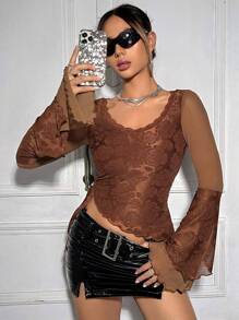 SHEIN ICON Floral Jacquard Drawstring Side Flare Sleeve Lettuce Trim Mesh Tee - Coffee Brown - View 3