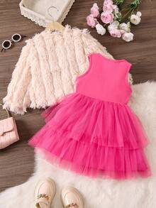 SHEIN Young Girl Letter Graphic Mesh Hem Dress & Fuzzy Coat - Multicolor - View 2