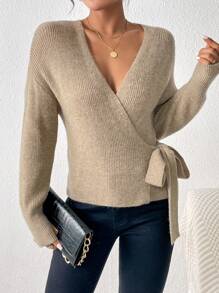 SHEIN Frenchy Thả vai Nút ven Bọc Áo len Mở - Màu Khaki - Xem 6