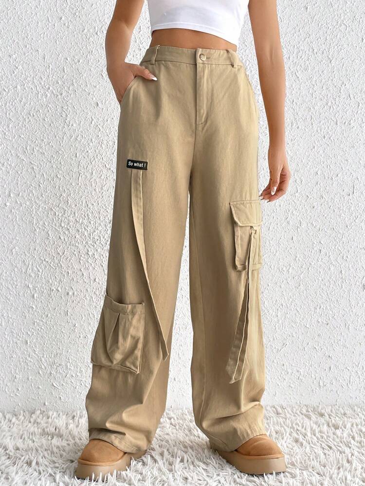 Letter Patched Detail Flap Pocket Side Cargo Pants