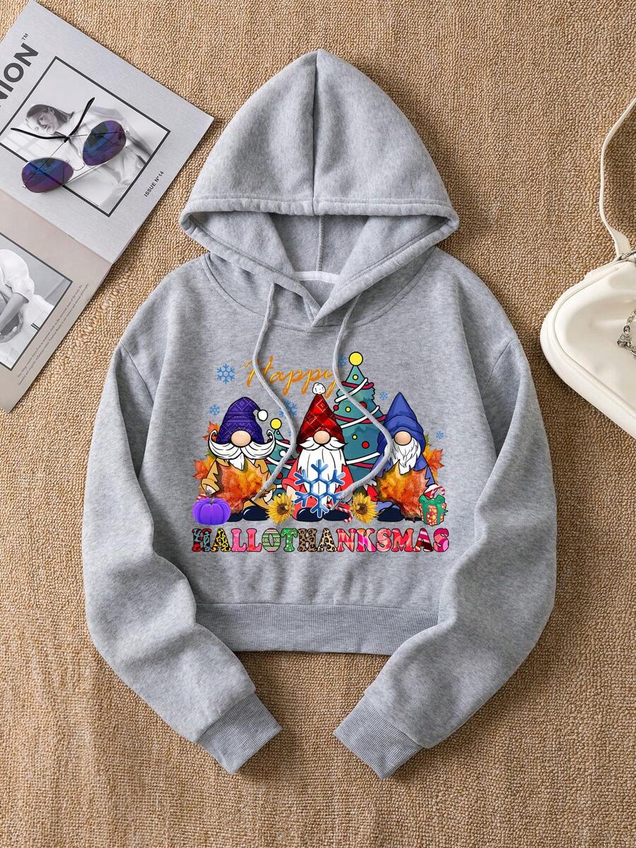 SHEIN EZwear 卡通和標語圖案加絨內裏抽繩連帽衫 - 灰色 - 查看 1