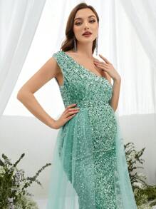 Maternity One Shoulder Sequin Mesh Formal Elegant Dress, For Party - Mint Green - View 3