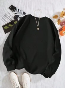 SHEIN EZwear 字母圖案加絨內裏運動衫 - 黑色 - 查看 2