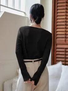 Dazy-Less Solid Boat Neck Tee Long Sleeve Women Tops Business Casual Woman Work Clothes - Black - View 2