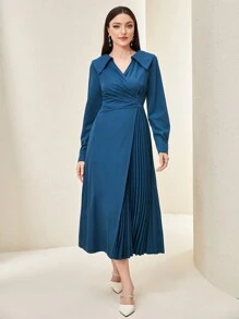 Modelyn 素色百褶細節前圍裹洋裝 - 藏蓝色 - 查看 1