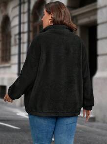 SHEIN Clasi 大碼拉鏈開襟落肩袖毛絨夾克 - 黑色 - 查看 2