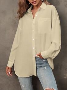 SHEIN LUNE Solid Drop Shoulder Patched Pocket Shirt Button Up Shirt - Apricot - View 1