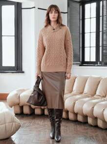 Anewsta 纯色麻花针织落肩套头衫秋冬毛衣 - 卡其色 - 查看 4