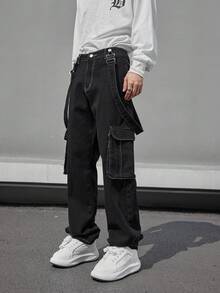 Manfinity 男士頂針側翻蓋口袋牛仔連身褲不帶T恤 - 黑色 - 查看 5