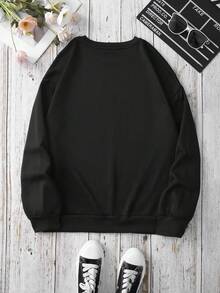 SHEIN EZwear 豹紋和標語圖案保暖套頭衫 - 黑色 - 查看 2