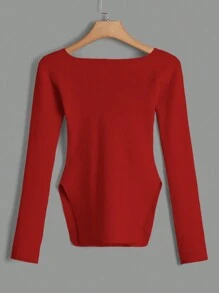RueChic Solid Color Sweater With Sweetheart Neckline, Ribbed Trim And Dropped Shoulder Design - Red - View 2