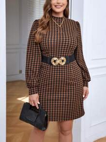 SHEIN Privé 大碼千鳥格印花小高領洋裝不附腰帶 - 彩色 - 查看 1