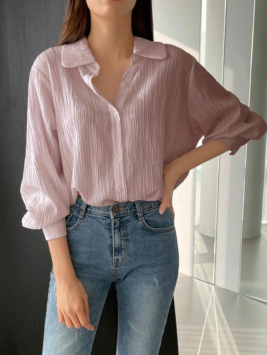 DAZY Solid Color Textured Fabric Shirt,Fall Clothes Preppy Tops Long Sleeve Top - Pink - View 1