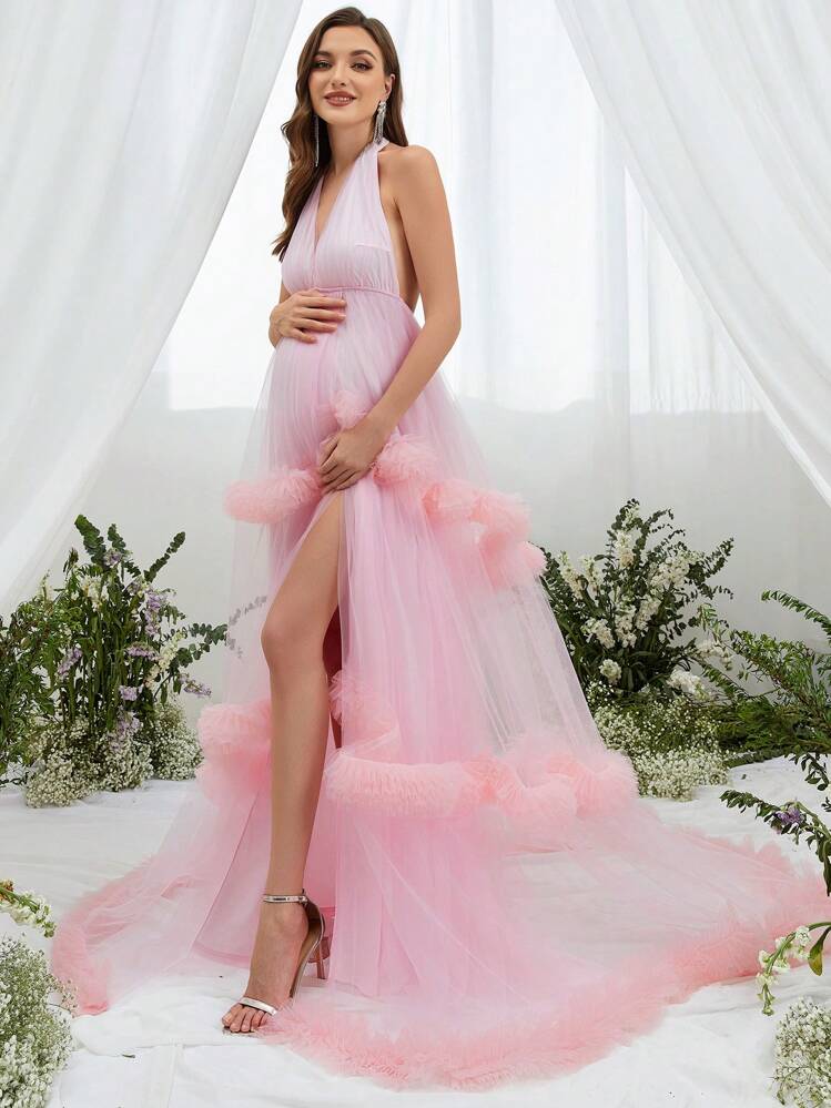 Maternity Halter Neck Backless Mesh Elegant Dress, For Party | SHEIN USA