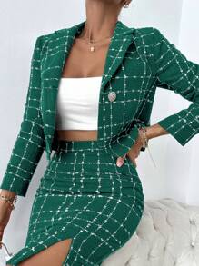 EURMUSE Plaid Pattern Lapel Neck Crop Overcoat - Green - View 5