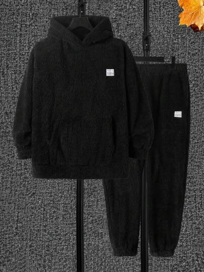 EURMUSE Men Letter Patched Kangaroo Pocket Teddy Hoodie & Pants