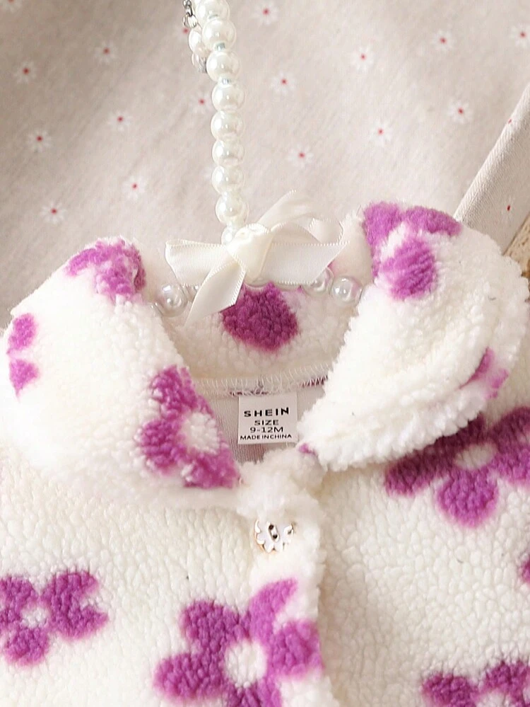 Baby Girl Floral Print Dual Pocket Teddy Coat