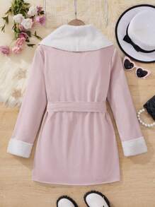 SHEIN Tween Girl Fuzzy Trim Double Breasted Belted Coat