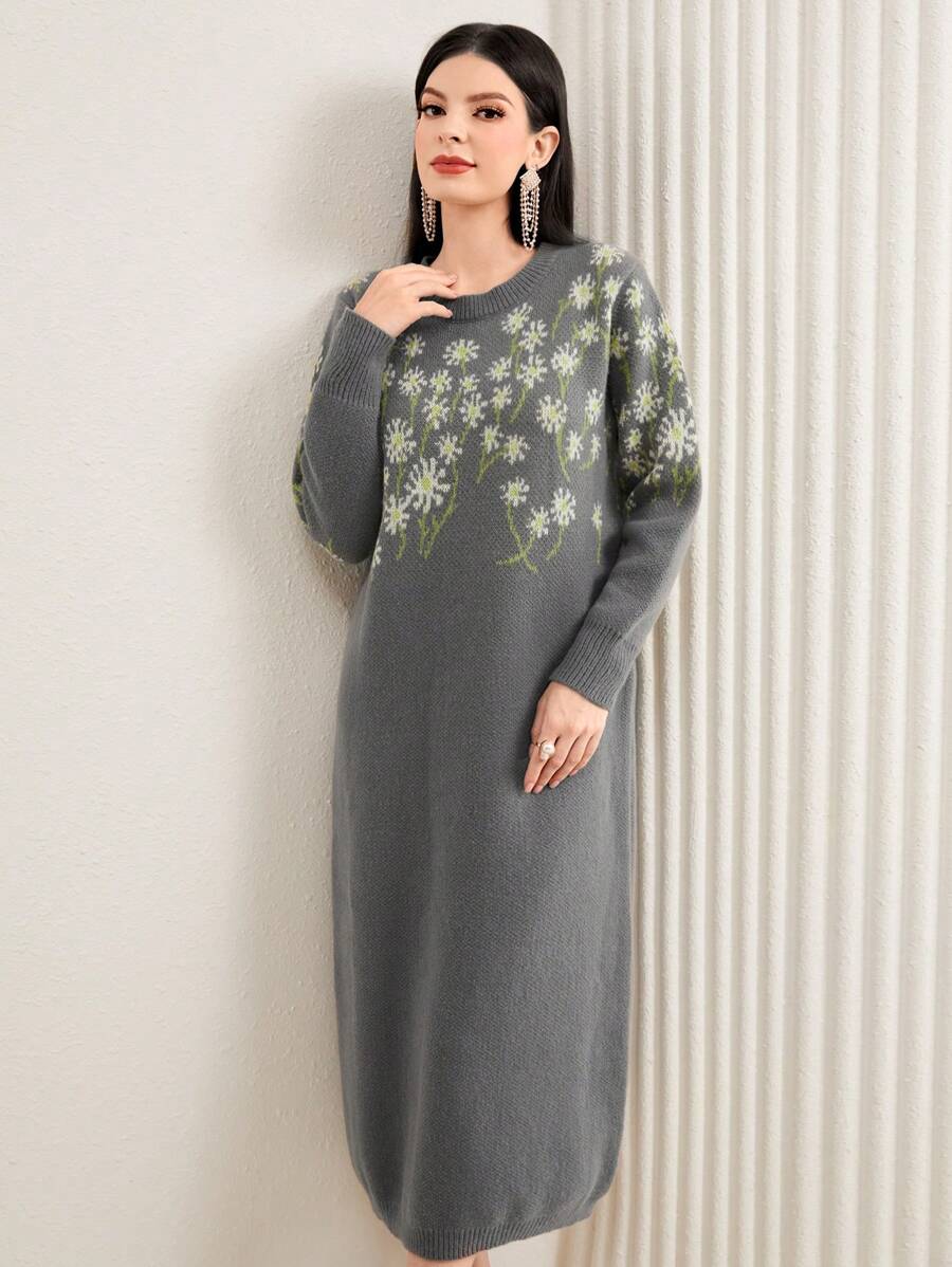Seusyu Floral Pattern Sweater Dress - Grey - View 1