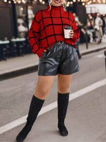 SHEIN LUNE Plus Plaid Pattern Turtleneck Drop Shoulder Sweater - Red - View 4